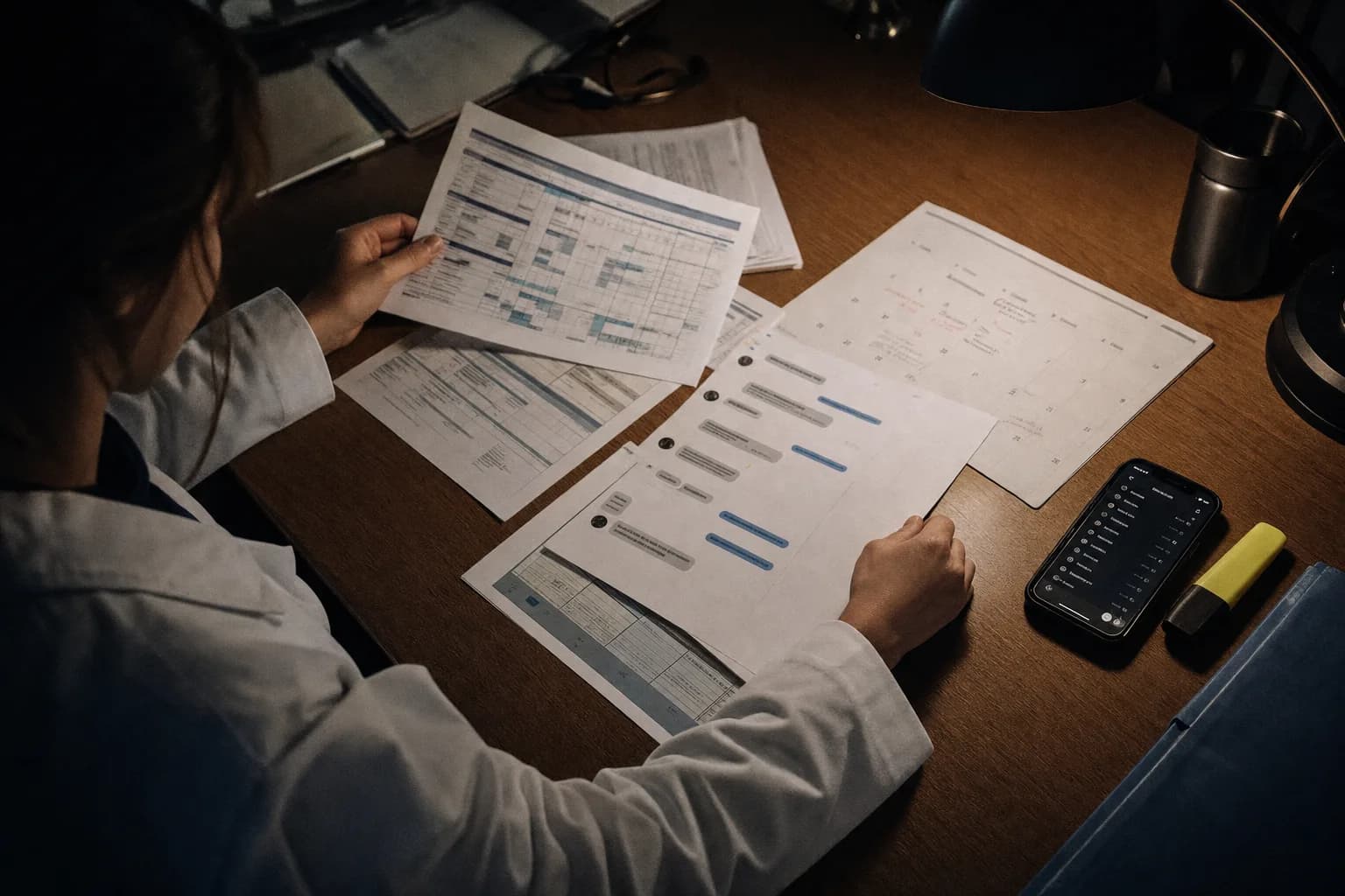 A physician organizing schedules, message printouts, and call logs on a desk at night