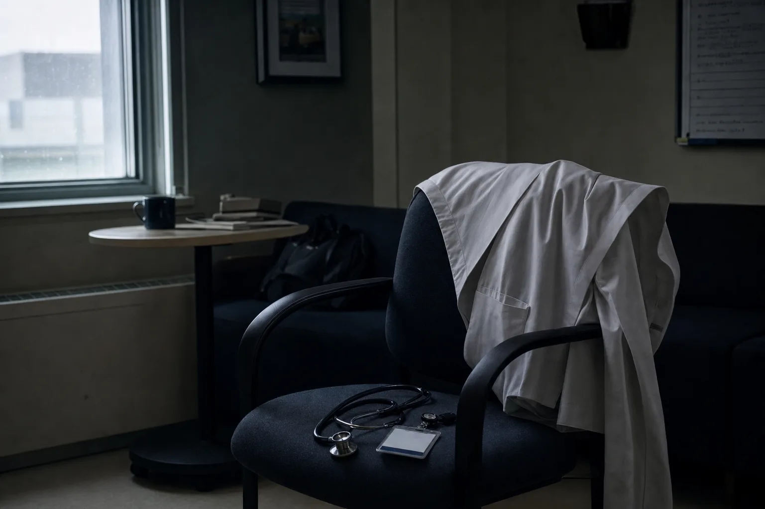 A physician’s white coat draped over an empty chair in a dim on-call room